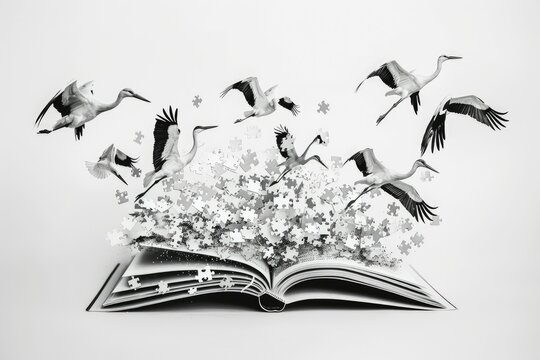 Birds flying out of open book - A creative representation of birds taking flight from pages of an open book, symbolizing knowledge and freedom