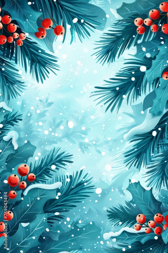 Poster snowflakes framing spruce branch on christmas background with space for text placement