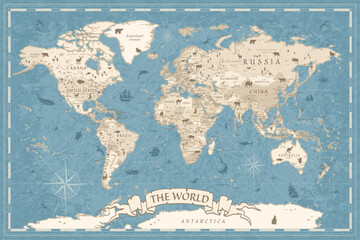 World Map Vintage Ancient Cartoon - Vector Illustration. Blue Colors