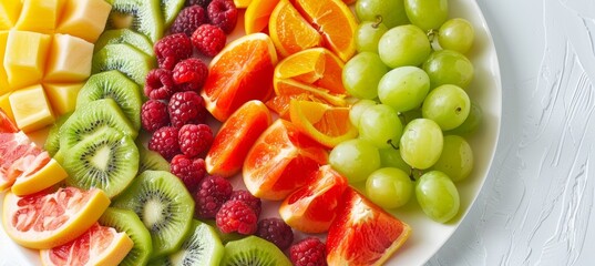 Vibrant fruit platter on white surface, ideal for healthy eating ads with text space.