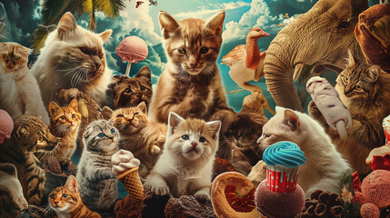 A photo collage of cats, pets, elephants, and bears with ice cream, in the style of uhd image, candid celebrity shots, AI generated