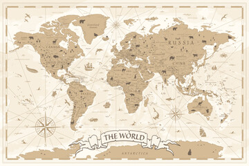 World Map Vintage Ancient Cartoon - Vector Illustration. Sepia and Golden Colors - 769043675