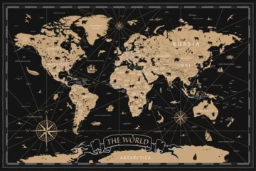 Poster World Map Vintage Ancient Cartoon - Vector Illustration. Black and Golden Colors © Porcupen