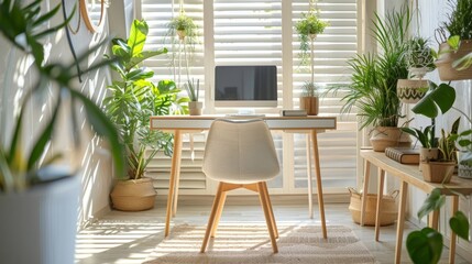Modern home office with a well-organized desk and vibrant houseplants, suitable for content on remote work, interior design, and healthy living environments.