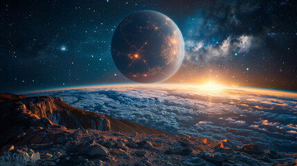Surreal space landscape with a large planet, stars, and sunrise over an alien terrain.