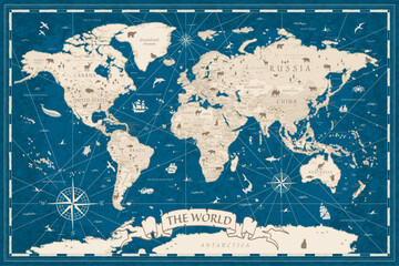 World Map Vintage Ancient Cartoon - Vector Illustration. Dark Blue and Beige Colors - 769043823