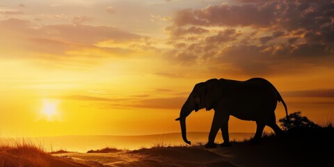 Fototapeta na wymiar Safari at sunset with an elephant silhouette, capturing the wild beauty of nature, ideal for travel and conservation topics.