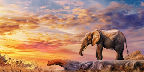 Safari at sunset with an elephant silhouette, capturing the wild beauty of nature, ideal for travel and conservation topics.