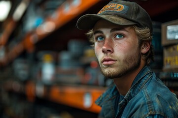 Close-up of a young man in a cap with a thoughtful expression against blurry background
