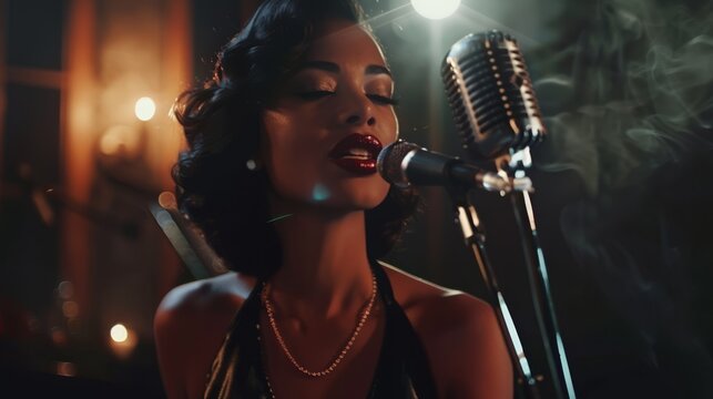 Female retro jazz singer with microphone, red-blue hues, concept of live music and performance.