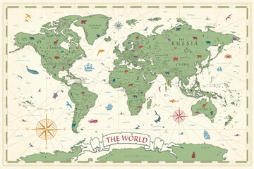 World Map Vintage Ancient Cartoon - Vector Illustration. Sepia and Colors - 769044010