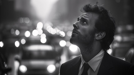 Black and white image of a contemplative man in a suit looking upwards with city lights and traffic in the background.