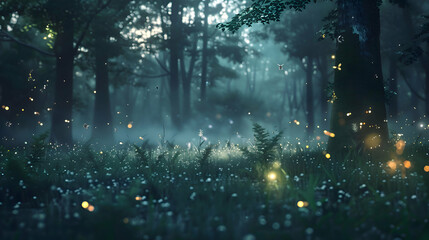Nocturnal fireflies dancing in a dark forest clearing - obrazy, fototapety, plakaty