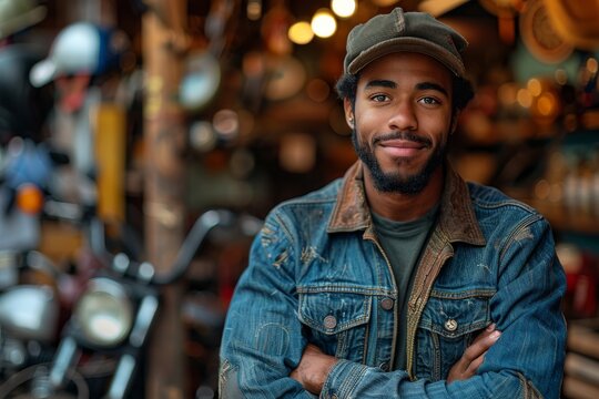 Confident young mechanic with crossed arms smiling in denim attire in a workshop