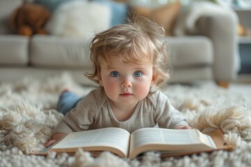Fototapeta premium Cute baby with expressive blue eyes and curly hair looking up with curiosity, against a homely background