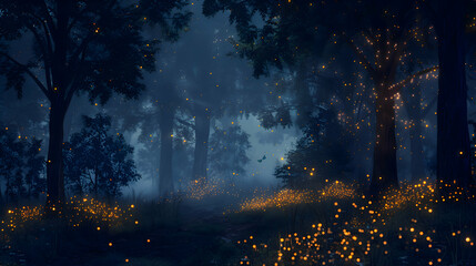 Nocturnal fireflies dancing in a dark forest clearing