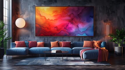 wall art mockup featuring a modern digital art piece, with vibrant colors and abstract shapes,...