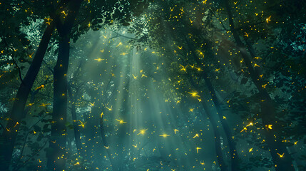 Nocturnal fireflies lighting up a dark forest canopy