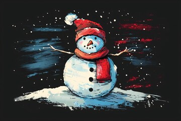 a snowman with a red hat and scarf