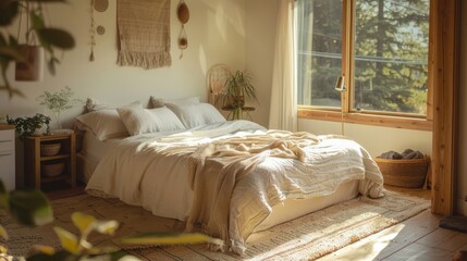 Morning light streaming through a bedroom window, casting a warm glow on a cozy, unmade bed, perfect for home and lifestyle themes.