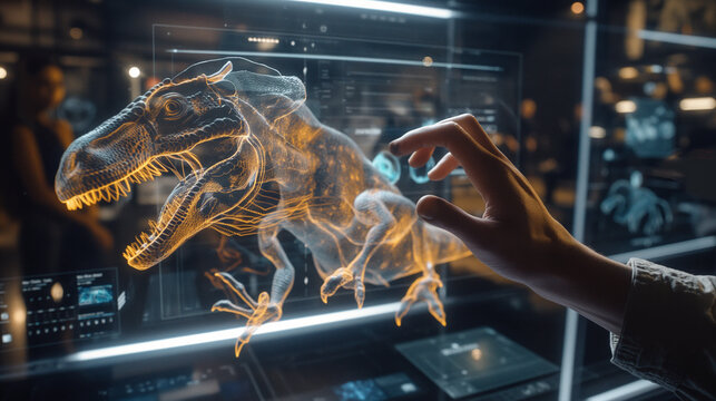 In the realm of gaming development, a developer's hand manipulates holographic scenes of virtual worlds and characters, AI generated