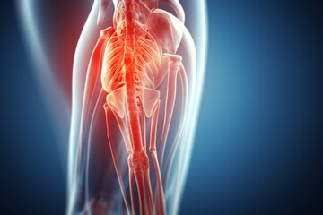 Human knee joint anatomy on scientific background. 3d illustration.  - obrazy, fototapety, plakaty