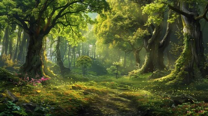 Enchanting forest scene with waterfalls, sunlight filtering through trees, and lush greenery, ideal for nature and tranquility themes.