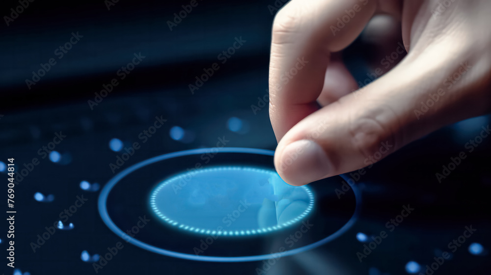 Poster a man is pointing at a computer screen with a blue button in the middle.
