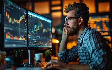 The businessman standing near the big screen in with graphs and data.