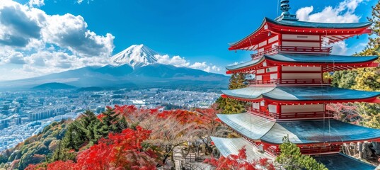 Mtfuji  tallest volcano in tokyo, japan with snow capped peak symbolizing autumn in nature landscape - obrazy, fototapety, plakaty