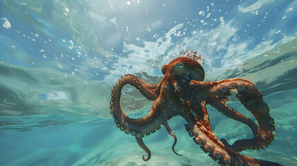 Octopus gliding through the clear waters of the ocean - obrazy, fototapety, plakaty