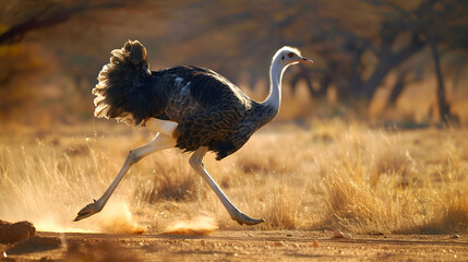 Ostrich sprinting across the arid African savanna