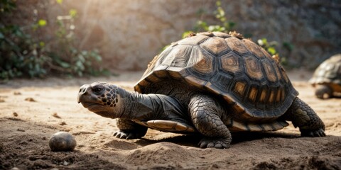 Fototapeta premium A close-up turtle on dirt ground with ball in foreground and trees in back