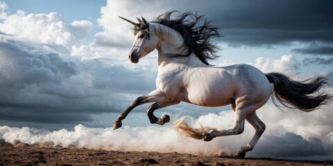 Fototapeta premium A white horse gallops through a cloudy sky as clouds obscure the background