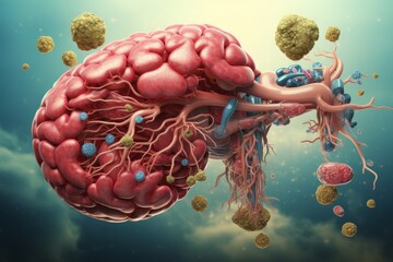 Human liver anatomy , digestive system with hepatitis b virus.  - obrazy, fototapety, plakaty