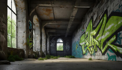 Fototapeta na wymiar Graffiti on wall of abandoned building.