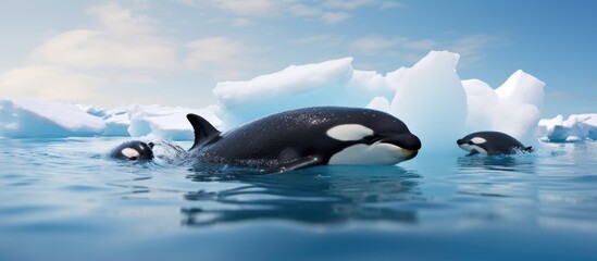 Pair of orcas gracefully glide through the water, surrounded by massive ice formations in the ocean