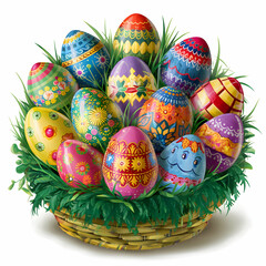 Fototapeta premium Happy easter day colorful eggs and bunny and butterfly on fresh green grass decorative background.