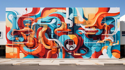 Graffiti-style lettering emerges from a tapestry of abstract shapes, creating a visually striking mural that transforms the urban landscape into an immersive gallery of street art.