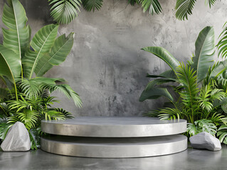 Silver podium stage with stone and green Leaves background