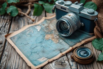This composition features a vintage camera on top of an old map with natural elements, evoking the spirit of adventure and exploration