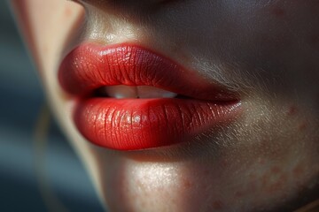An extreme close-up shot capturing the alluring vibrant red lips of an individual