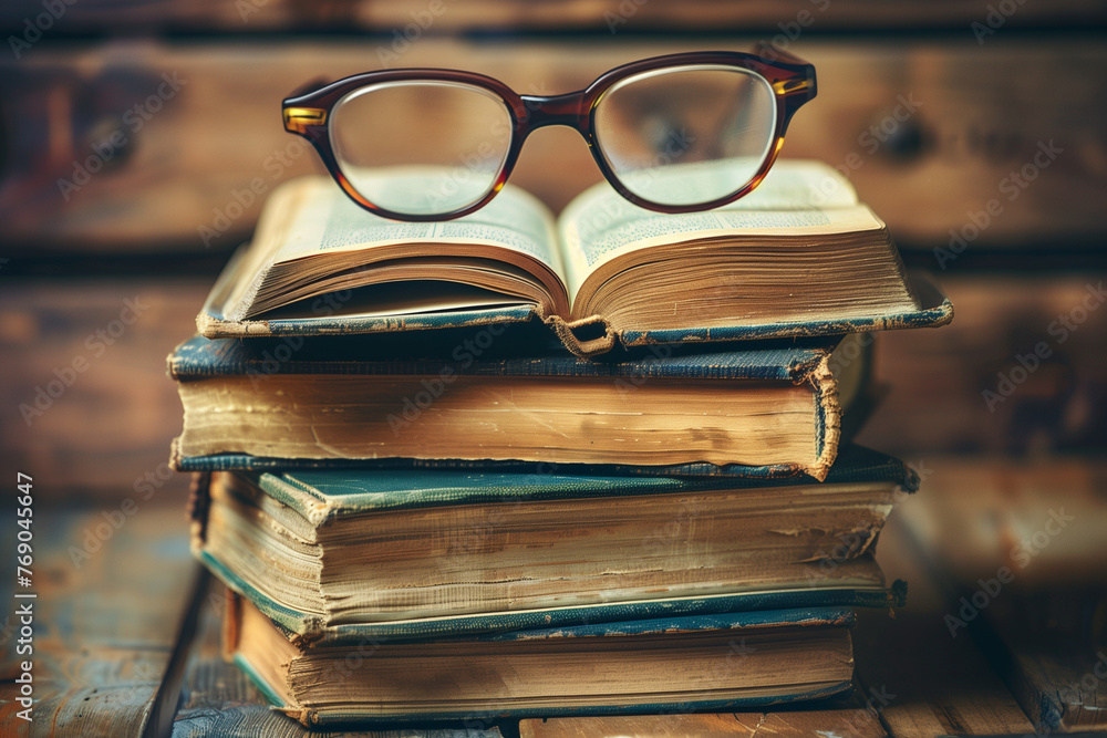 Poster a stack of books with a pair of glasses on top. the glasses are on a book that is open to a page wit