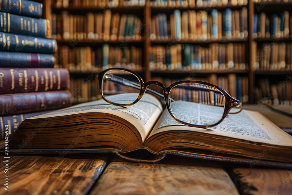 Poster a stack of books with a pair of glasses on top. the glasses are on a book that is open to a page wit