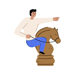 Big chess knight figure. A flat illustration of a man riding a wooden horse. Board game piece.