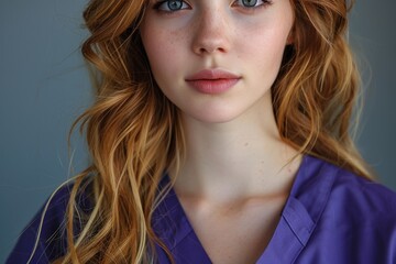 Close-up image of a young nurse with red hair and blue scrubs, focused on her face and expression