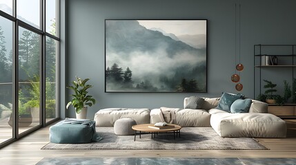wall art mockup showcasing a serene landscape painting, evoking a sense of tranquility and...