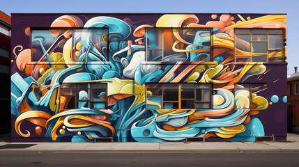 Naklejka premium Graffiti-style lettering emerges from a tapestry of abstract shapes, creating a visually striking mural that transforms the urban landscape into an immersive gallery of street art.