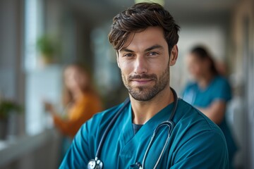 Portrait of a young male healthcare professional with focused expression and stethoscope around his neck