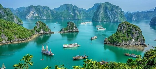 Halong bay unesco heritage site, limestone islands in emerald waters, vietnam travel destination - obrazy, fototapety, plakaty